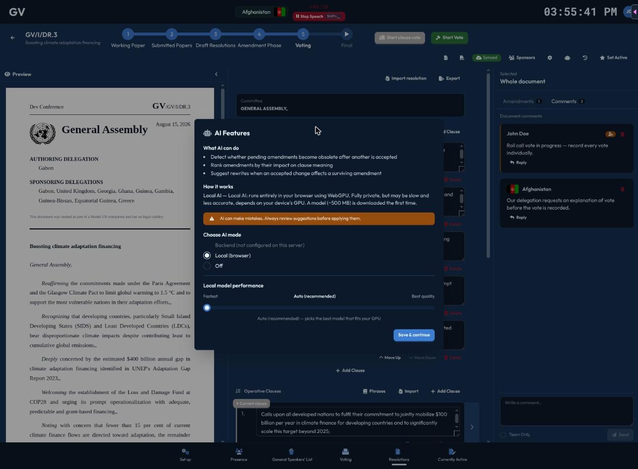 The AI onboarding modal, offering Local (browser) or Off as AI modes