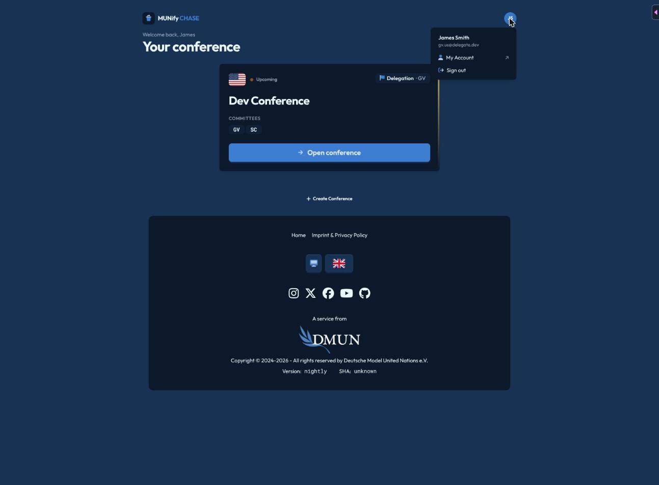 The avatar menu open, showing the signed-in user's name, email, "My Account", and "Sign out"