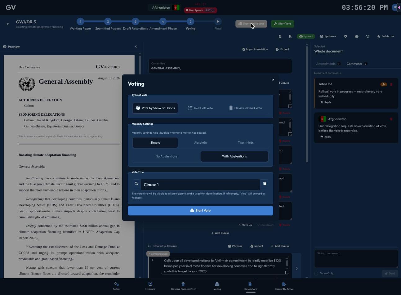 The clause vote setup dialog, pre-filled with a vote title for the selected clause