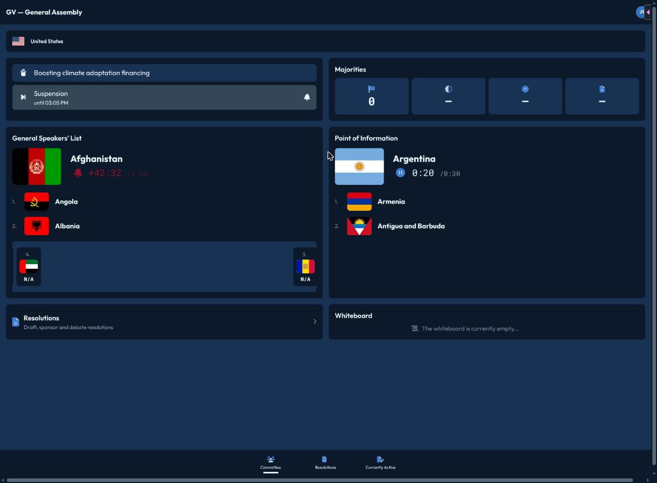 A participant's committee dashboard showing the current status, majorities, and speakers lists