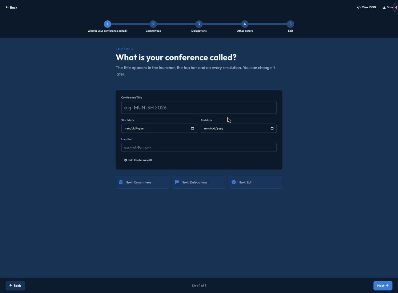 Step 1 of the import wizard, asking for the conference title, dates, and location, with quick-jump buttons to later steps