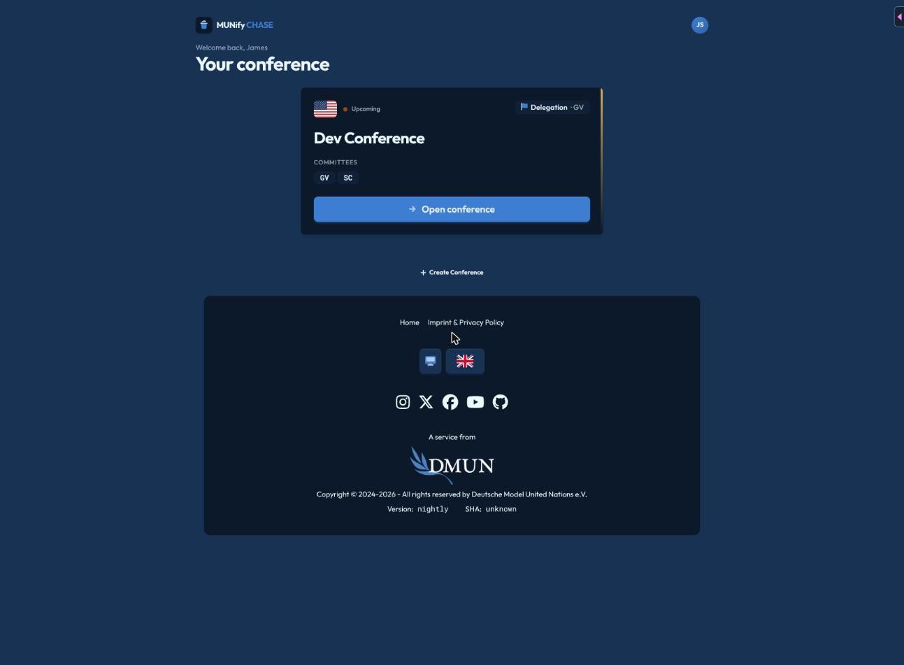 The conference launcher, showing a conference card with committees and an "Open conference" button