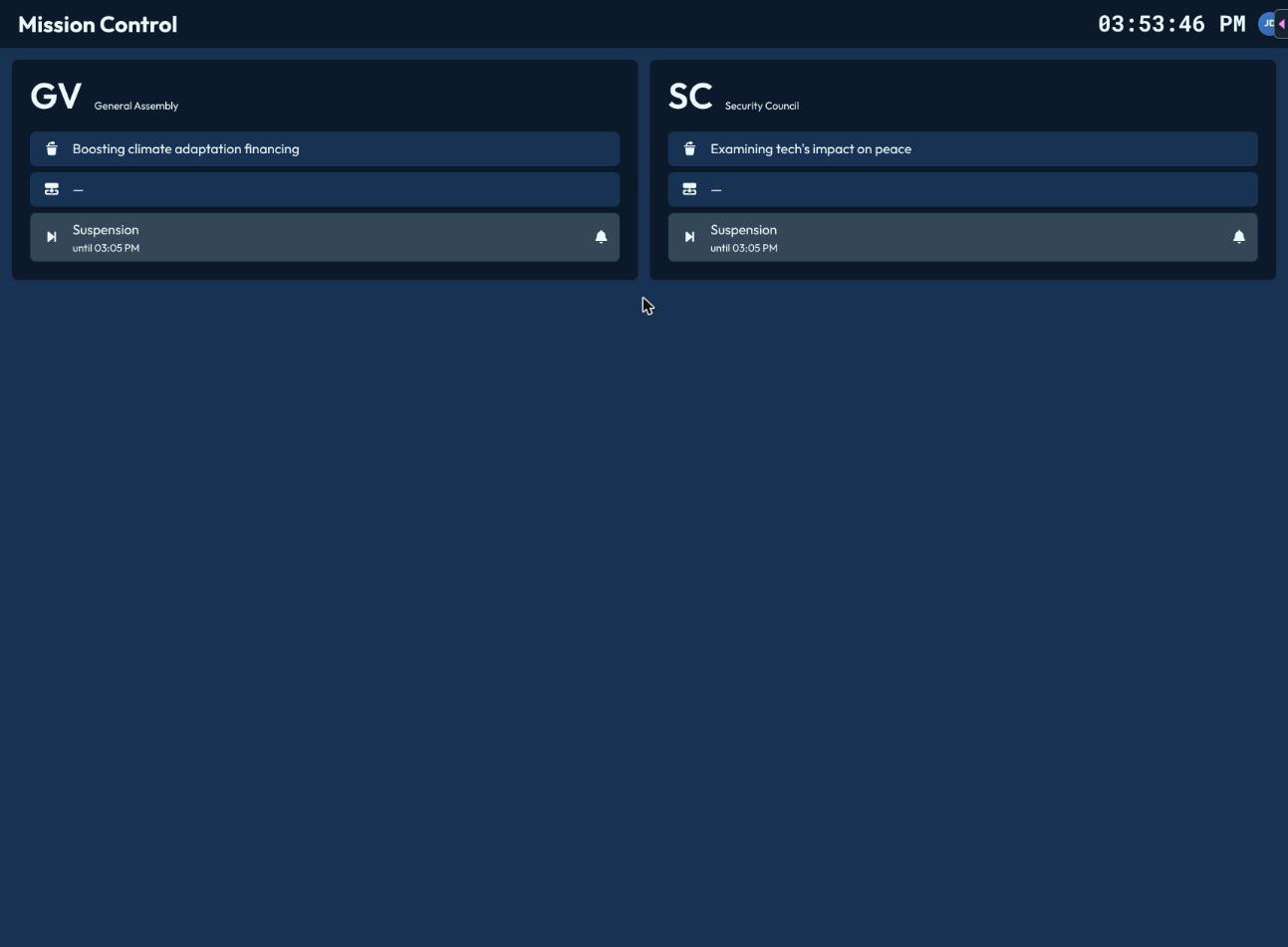 The chair's committee overview, listing each committee with its current agenda item and status