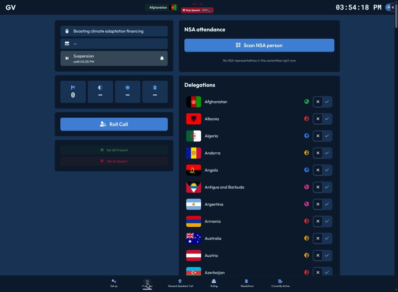 The chair Presence page, showing roll call, delegation toggles, and NSA attendance scanning