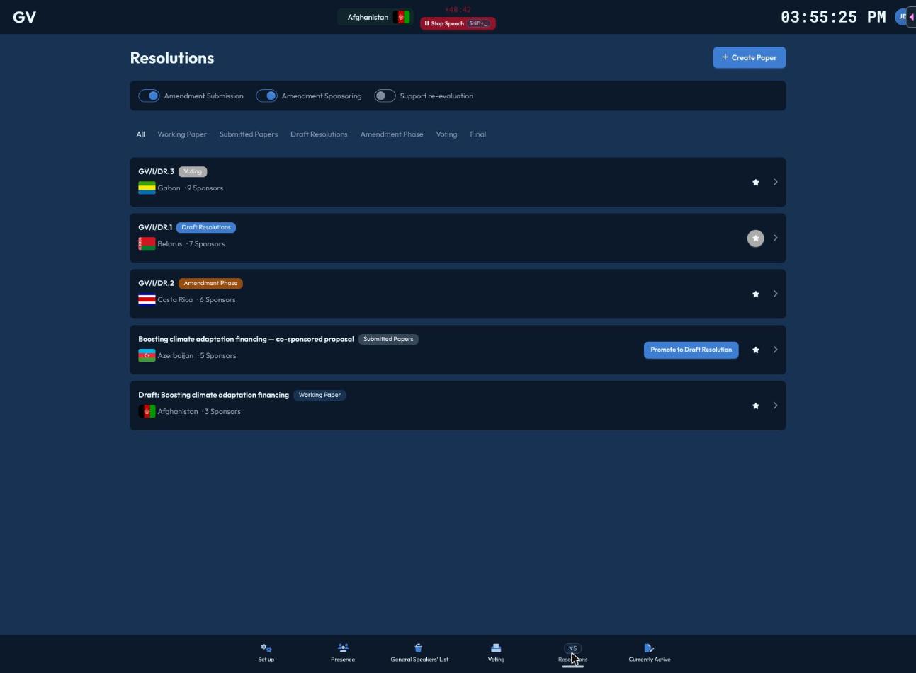 The chair's resolutions list, with phase toggles, status filters, and a Promote to Draft Resolution action