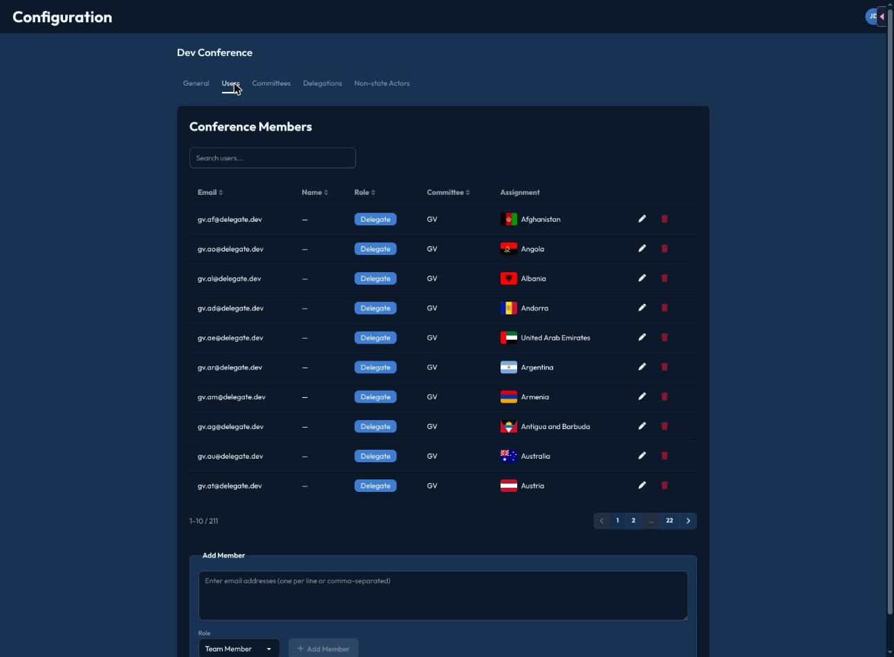 The Users tab, listing conference members with their email, role, committee, and assignment, plus an Add Member form