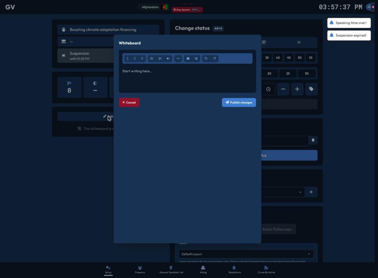 The whiteboard editor modal, with a formatting toolbar and an empty writing area