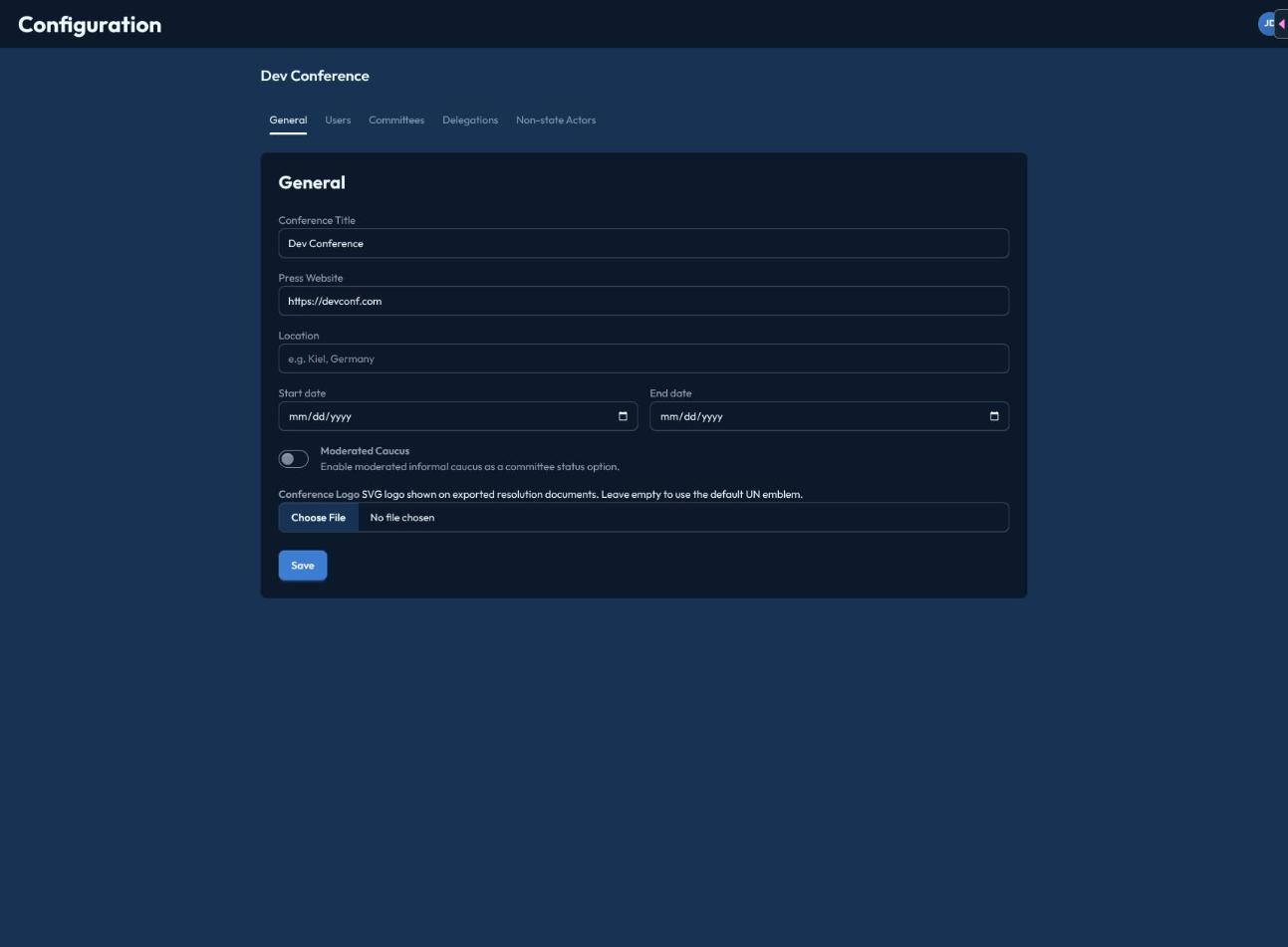 Der Konfigurationsreiter Allgemein mit Konferenztitel, Daten, Veranstaltungsort, dem Schalter für Moderierte informelle Sitzung und dem Logo-Upload