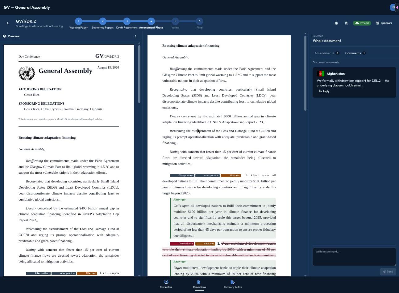 Der gemeinsame Resolutionseditor mit Vorschau-Panel, operativen Absätzen mit eingebetteten Änderungsanträgen und einem Kommentar-Panel